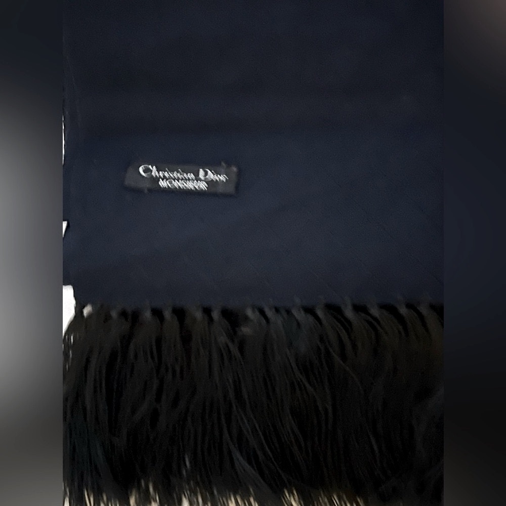 Christian Dior Logo Vintage Monsieur Navy Fringe Scarf Unisex With Dior Box - Picture 5 of 8